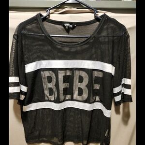 Bebe Black Mesh Crop Top with White Accents